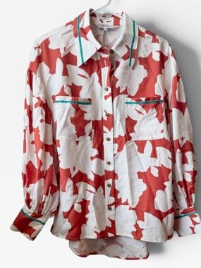 NWT CROSBY by Mollie Burch Orange White with Turquoise Piping Button Down Shirt